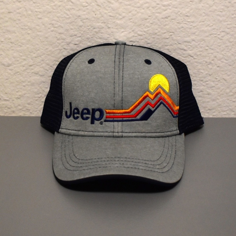 Jeep Trucker Hat Mens OSFM Gray Navy Excellent Embroidered Mountain Snapback Cap